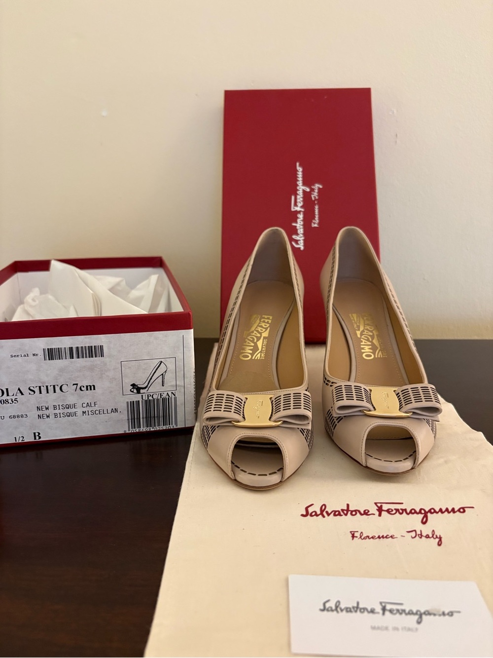Salvatore Ferragamo Bisque Open-Toe Bow 3 inch Pumps not worn